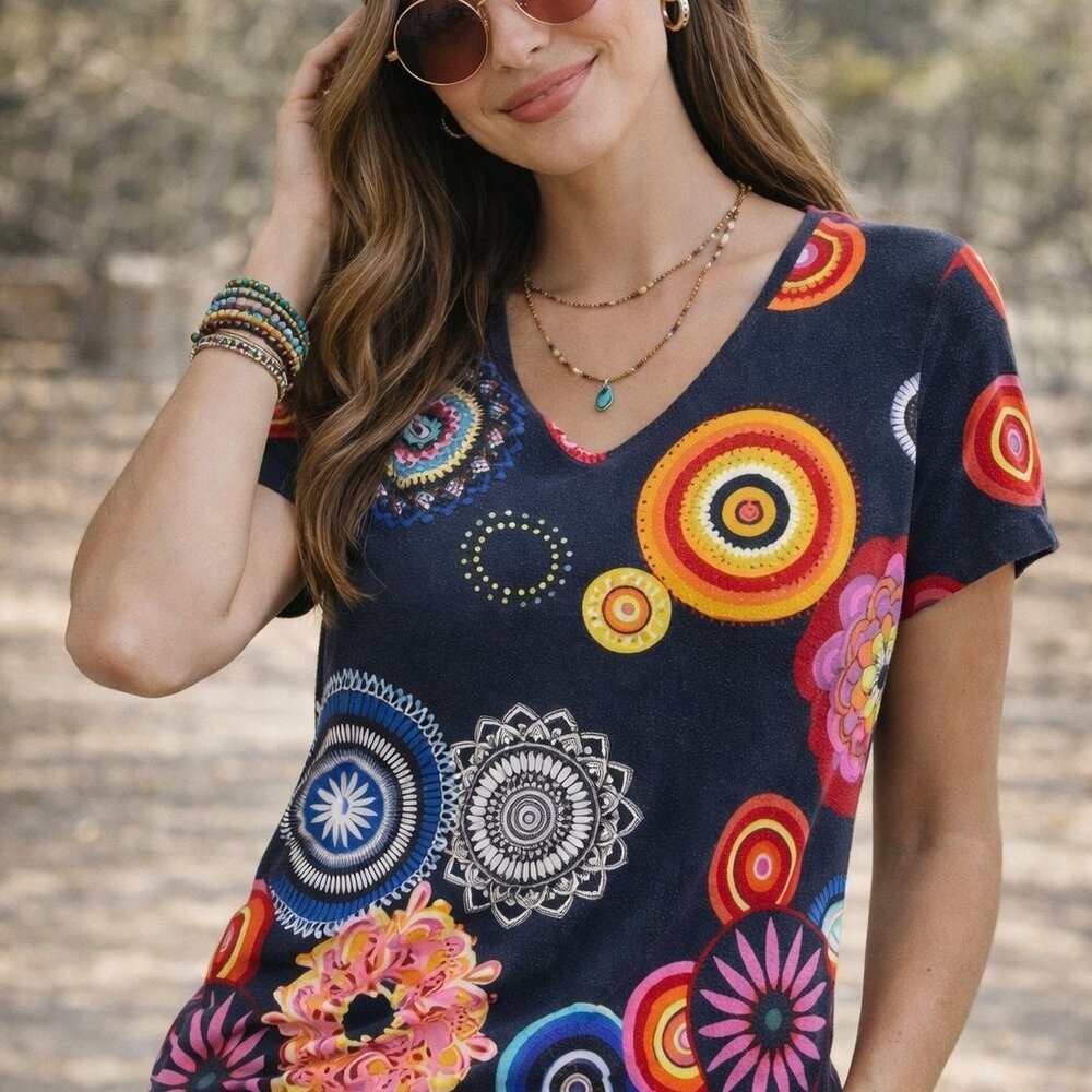 Vibrant psychedelic size small Colorful Patterned Women's Top with beaded accent
